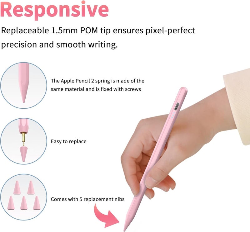 HZD Stylus Pen for iPad 2025-2018 Faster Charge Apple Pencil with Tilt Sensitivity & Palm Rejection & Magnetic Compatible iPad 11/10/9/8/7/6, Pad Air 3/4/5, Pro 12.9"/11", Mini 6/5, M2/M4 Pink - Image 5